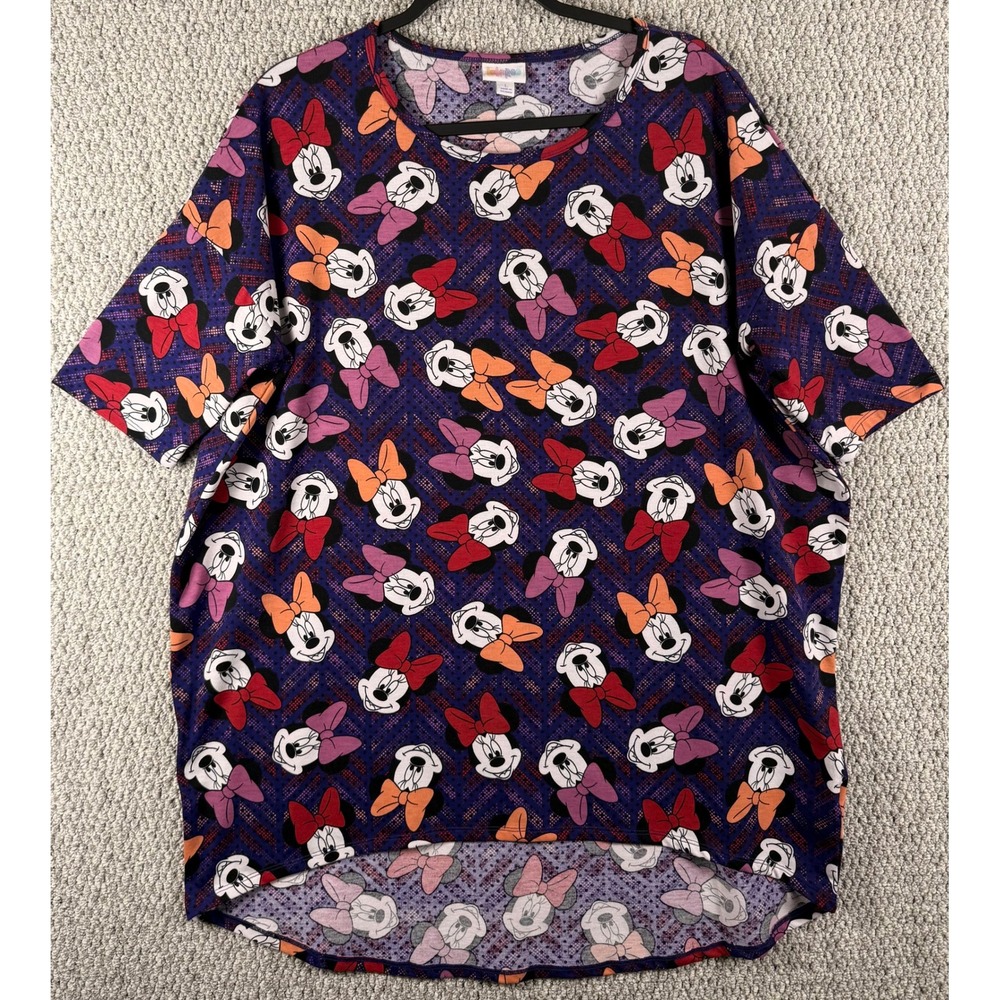 LuLaRoe Disney Minnie Mouse Irma Tunic Top Large L Purple Bow Print High Low Hem